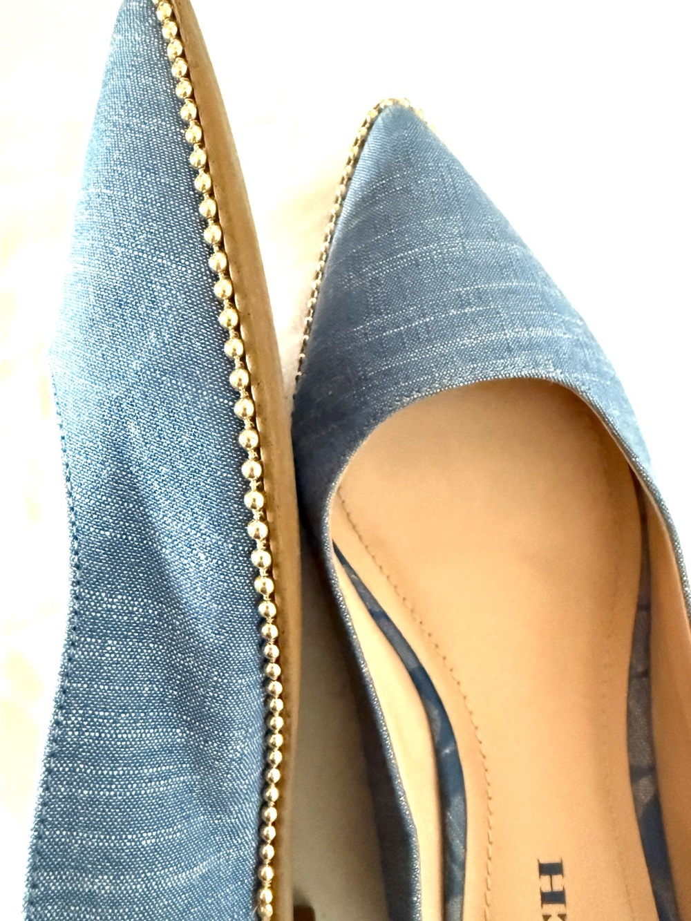 Coach "Vae" Blue Pointed-Toe Women's Flats with Gold Bead Trim